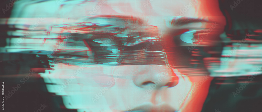 Poster glitch effect showcasing distorted 3d model with digital artifacts and vibrant colors