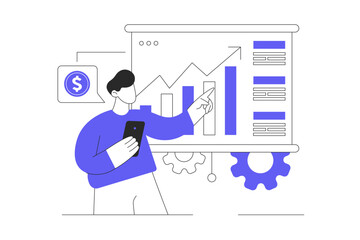 Business analytics monitoring web concept. Reporting dashboard and data analytics research for business financial planning. Flat Cartoon Vector Illustration, icon. Stylish abstract
