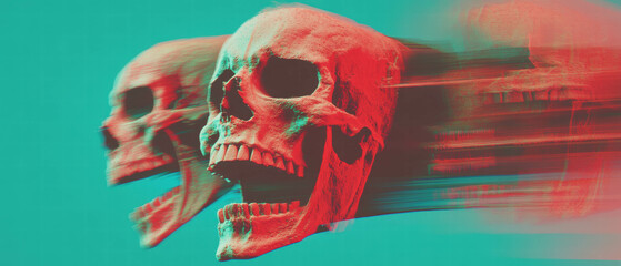 Glitch effect on distorted 3D skulls creating a dynamic digital artifact