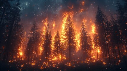 Naklejka premium A forest engulfed in flames, showcasing the destructive force of wildfires amidst dark, smoky skies.