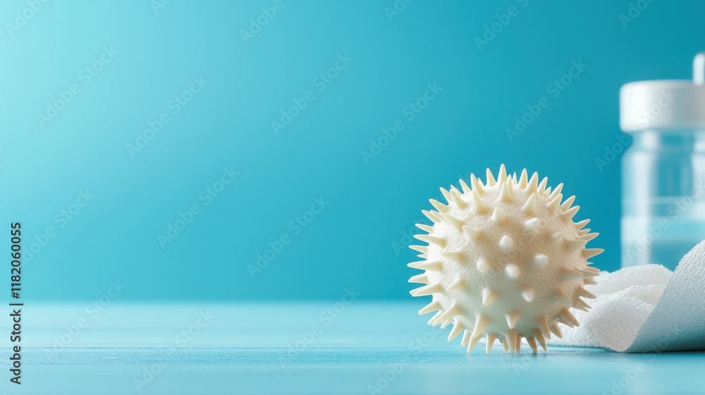 Poster a spiky, white object rests on a blue surface near a small vial, creating a scientific and abstract 