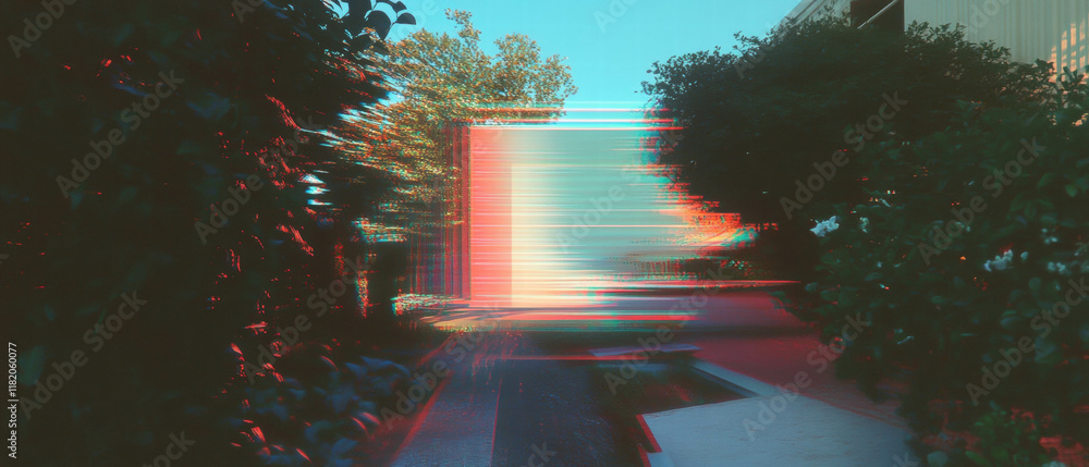 Poster glitch effect creates a surreal landscape with distorted shapes and vibrant colors on objects