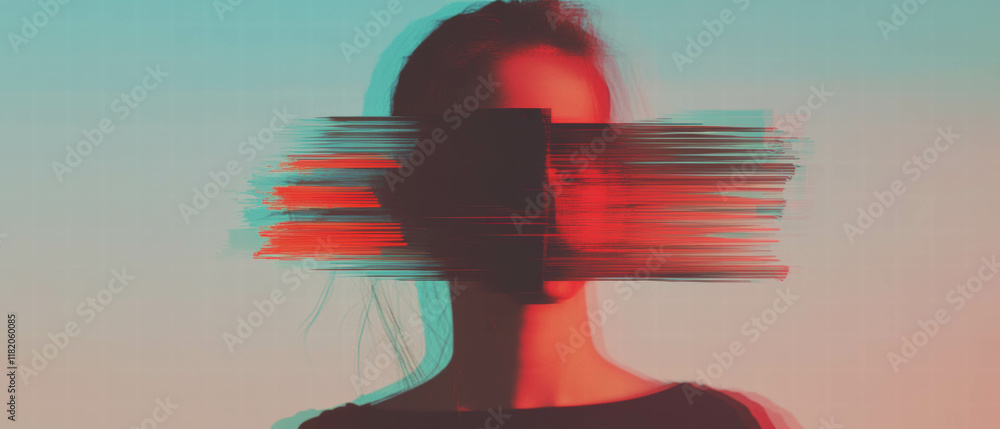 Poster glitch effect producing distorted shapes and digital artifacts on subject against vibrant background