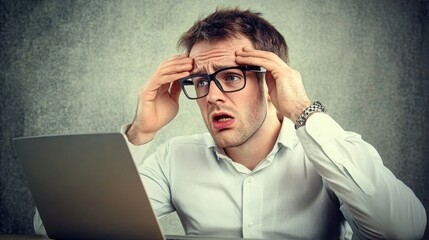 Obraz premium man with glasses having eyesight problems confused with laptop software