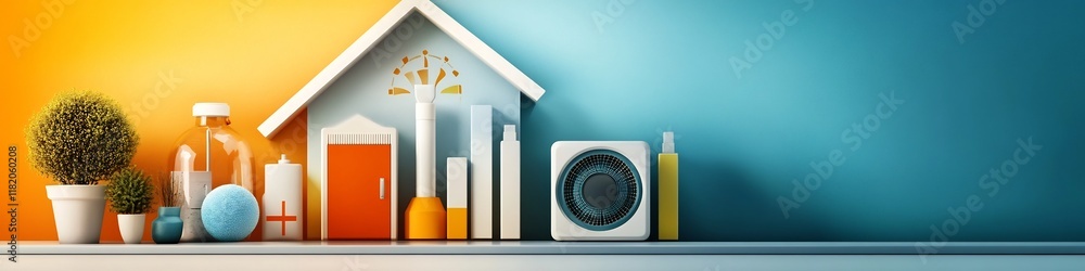 Poster colorful depicting a modern shelf display with various household objects and a visualization of the 