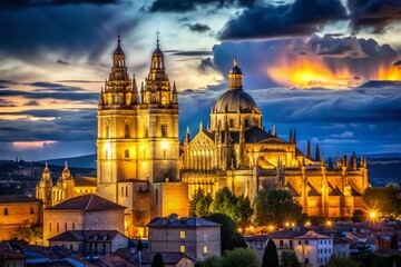 Fototapeta premium Salamanca Cathedral Night - Majestic Gothic Architecture Illuminated