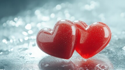 Fototapeta premium Two wet red hearts are laying on a reflective surface covered with water droplets, creating a romantic atmosphere perfect for valentine's day, anniversaries, or declarations of love