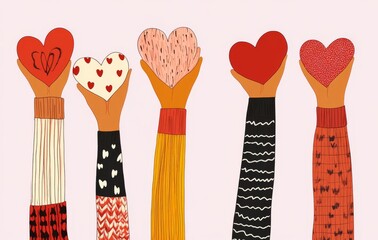 People of diverse races holding hands with hearts symbolize kindness and charity towards ethnic minorities