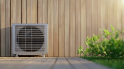 Outdoor air conditioning unit next to wooden wall