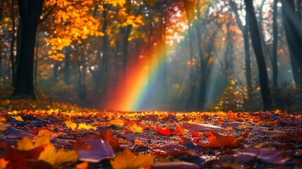 A vibrant rainbow shining over a park with scattered autumn leaves, representing the magical beauty of nature and positivity.