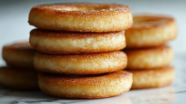 Delicious homemade donuts stacked on a marble surface, showcasing a golden-brown texture and soft interior