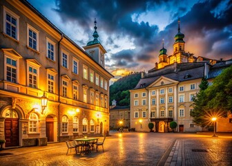 Fototapeta premium Salzburg Old Town Night Photography: Historic Architecture Illuminated