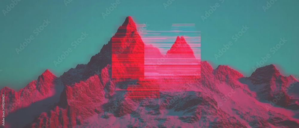 Aufkleber dynamic glitch effect with fragmented geometric shapes in vivid colors over a mountain backdrop