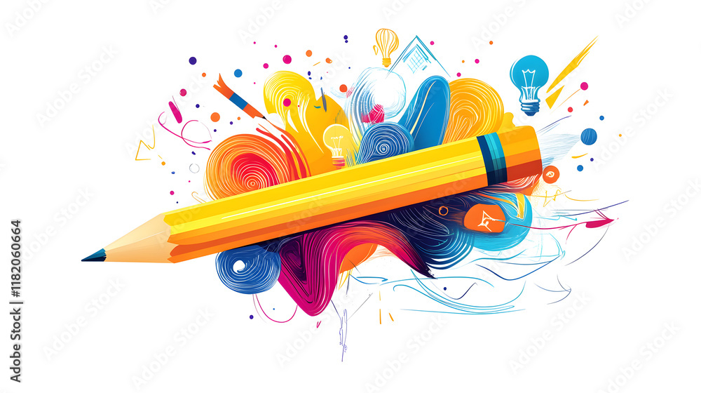Poster flat design vector illustration of a yellow pencil creating a fantastic image with creative graphic 