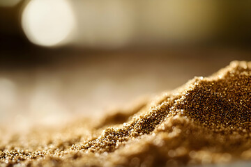 Close-up of a pile of brown sugar, glistening texture, soft focus background. Perfect for food, drink, or baking themes.