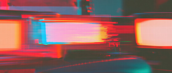 Obraz premium Glitch art displaying vibrant VHS distortion with dynamic color shifts and retro aesthetic