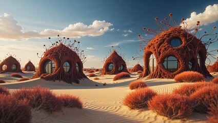 A surreal desert landscape with dome-shaped, plant-like houses covered in red, organic textures. Surrounded by golden sand dunes and reddish bushes under a bright blue sky with scattered clouds.
