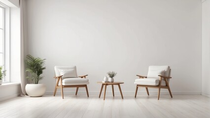 Modern room ,minimalist interior with chair on empty white and cream color wall background