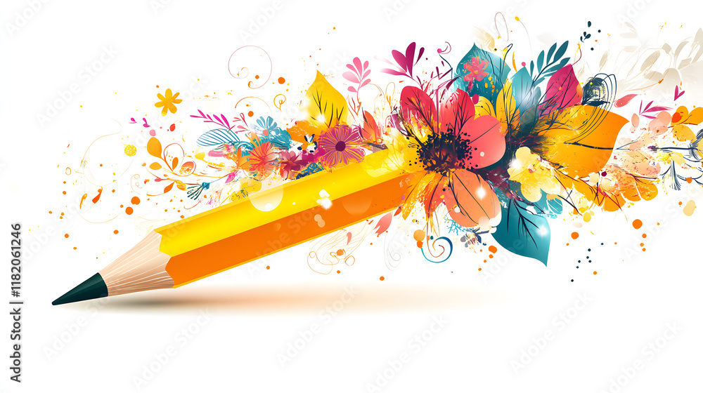 Poster flat design vector illustration of a yellow pencil creating a fantastic image with creative graphic 