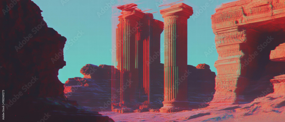 Aufkleber distorted structures with vibrant glitch effects in a surreal landscape