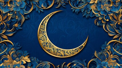 Ornate Golden Crescent Moon Framed by Blue Floral Design