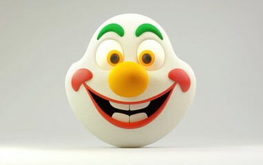 Fototapeta premium 3D emoji clown face with a green nose, yellow eyes, and a laughing expression, simple design, flat shading, white isolated background 
