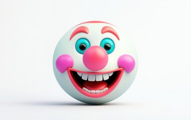 Fototapeta premium 3D emoji clown face with a pink nose, teal eyes, and a silly smile, simple design, flat shading, white isolated background 