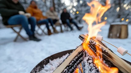 Fototapete Rund A cozy group of friends relaxes by a crackling fire, roasting marshmallows, surrounded by a tranquil, snow-covered wilderness. © Archil