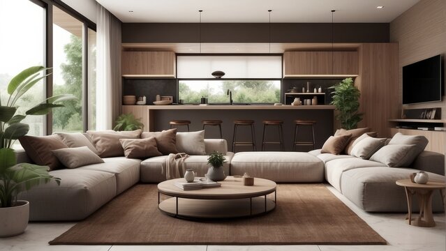 Modern Garden Soil Brown Home interior, living and kichen room concept design, cozy house
