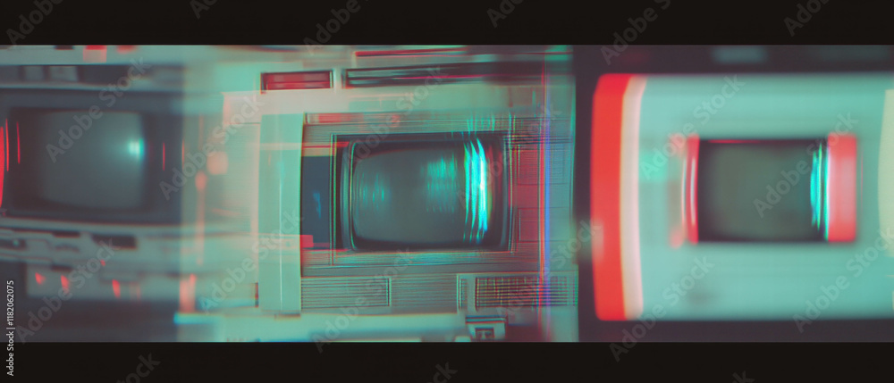 Poster exploring the aesthetic of glitch vhs distortion with digital retro elements