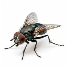 A detailed close-up of a fly showcasing its intricate features and colors. isolated on white background