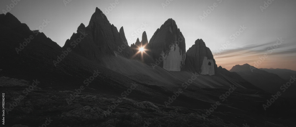 Poster golden hour transforms mountain landscape with warm light and soft shadows