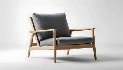 Modern armchair with light wood frame and gray fabric cushion.