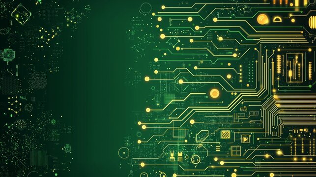 Intricate Green Circuit Board Design Featuring Modern Technology and Digital Innovation Elements