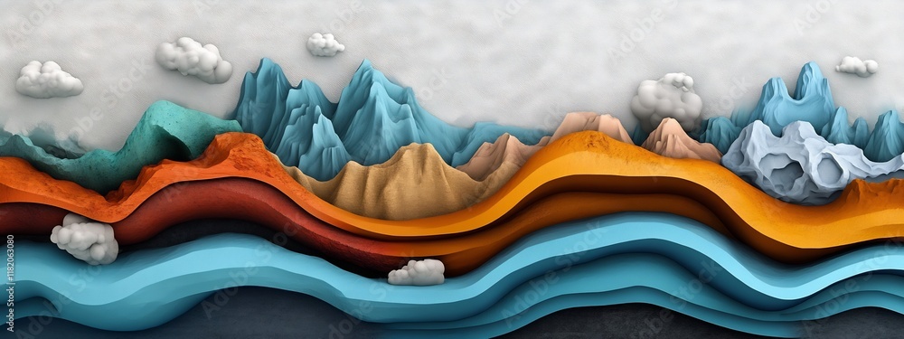 Poster visualizing geological formations in a dynamic digital landscape an abstract depicting the diverse a