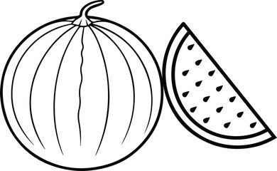 Water melon fruit outline coloring book page and digital line art
