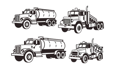 Collection of Various Utility Trucks in Black-and-White Vector Illustrations