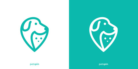 Simple Pets Pin Logo. Dog Cat and Pin Map Point Location Icon Graphic. Pet Care Logo Design Template.