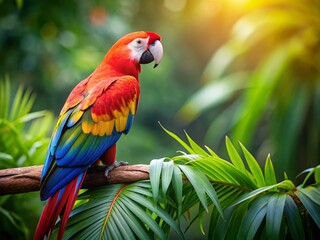Obraz premium Scarlet Macaw Perched on Branch - Vibrant Tropical Bird Photography