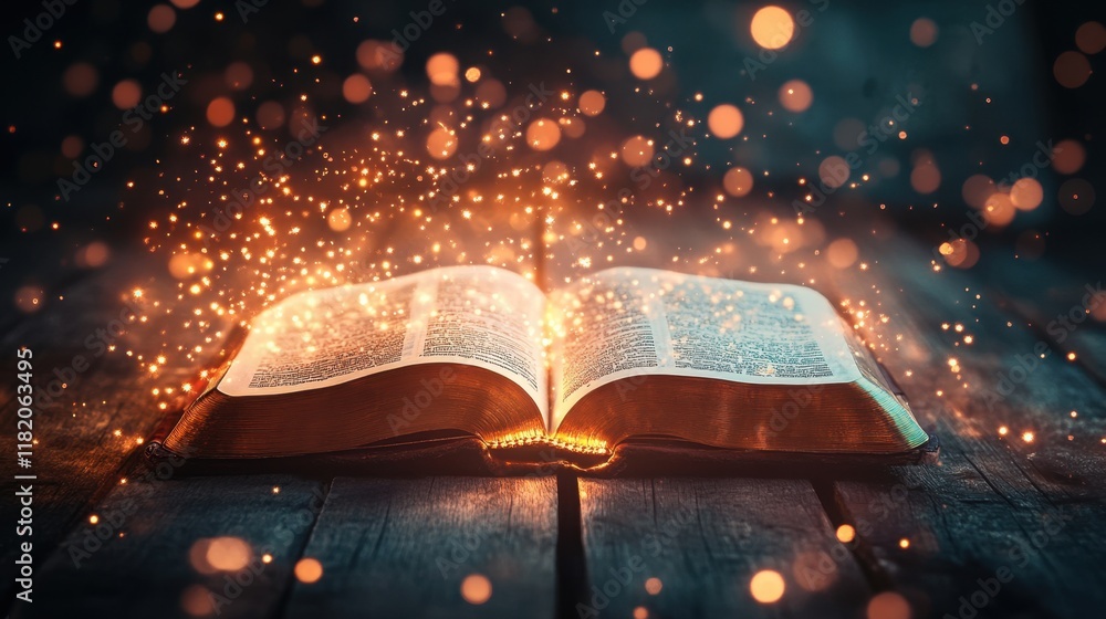 Poster enchanted open book with glowing particles in a dark setting