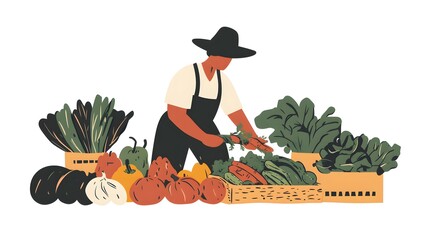 Flat vector design, a market stall with fruit and vegetables being operated by a man in a blue apron, against a white background