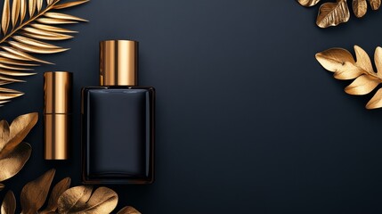 A stylish perfume bottle with a sleek design, surrounded by golden leaves on a dark background.