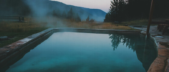 Relaxing experience in natural hot springs with steaming geothermal pools at sunset