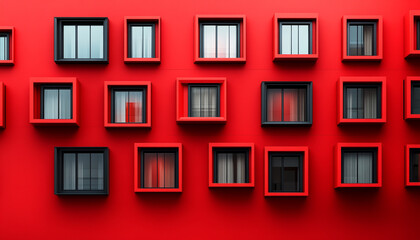 Fototapeta premium An artistic display of colorful windows against a vibrant red wall.