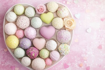Luxury valentine chocolates presented in a heart-shaped gift box, adorned with tender roses, copy space