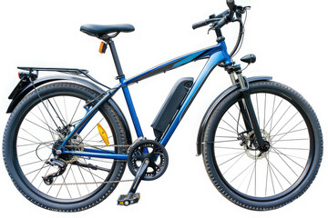 A blue electric bicycle designed for leisure and commuting. isolated on white background