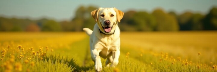 Yellow labrador retriever running in open field, adventure, nature, outdoors