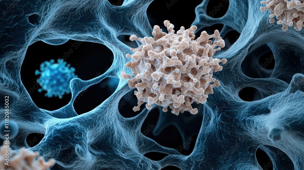 Poster a microscopic view of cells, showcasing intricate structures, including viruses and cellular network