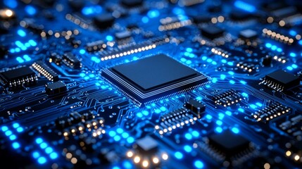 Intricate Microchip Circuitry Glowing with Blue Lights in a Modern Technological Landscape