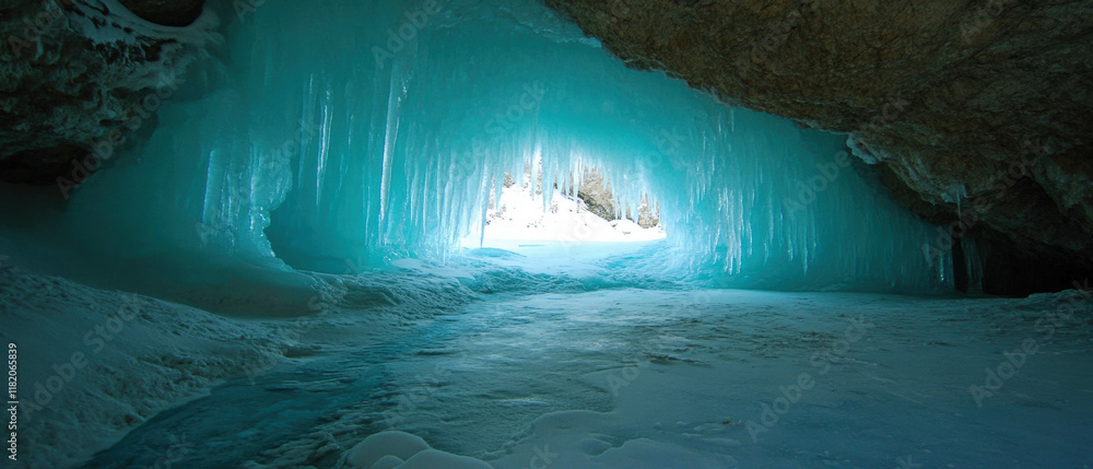 Poster exploring the enchanting blue ice formations within a magical ice cave